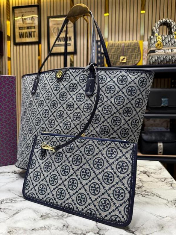 TORY BURC H MONOGRAM CANVAS TOTE WITH POUCH WITH OG BOX AND DUST BAG PREMIUM QUALITY (BLUE)