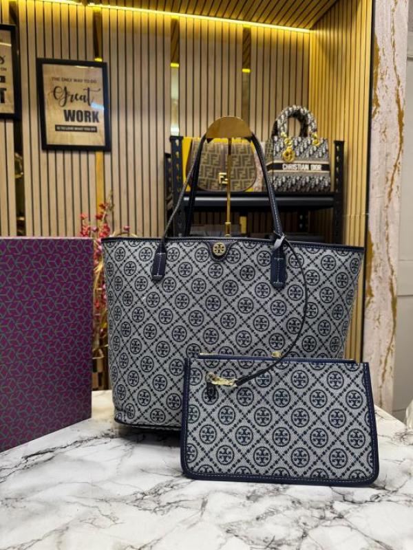 TORY BURC H MONOGRAM CANVAS TOTE WITH POUCH WITH OG BOX AND DUST BAG PREMIUM QUALITY (BLUE)